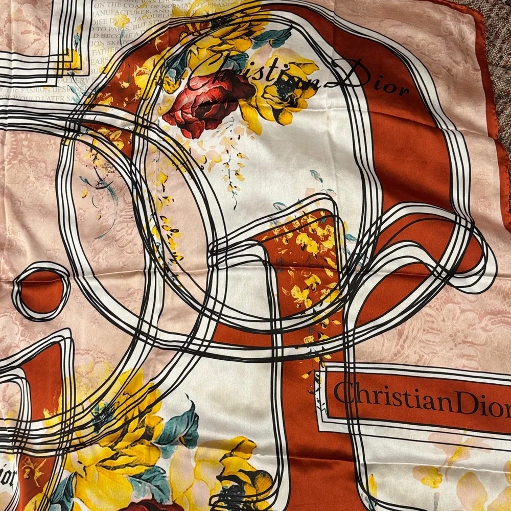 Dior Floral Logo Scarf — Red, Yellow, Teal, Cream